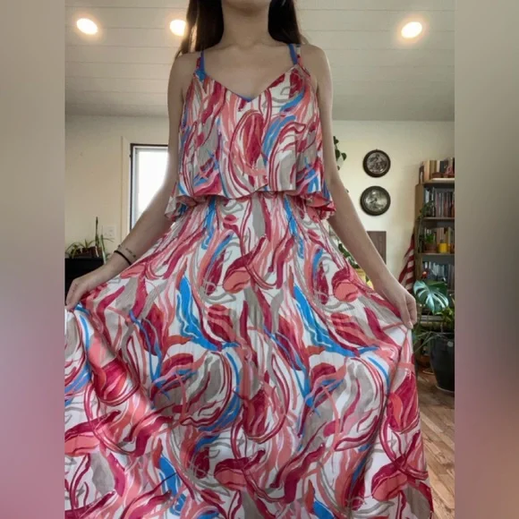 Adelyn Rae Pleated Midi Dress Pink Blue & Coral V-Neck Ruffled Layered Dress - Picture 5 of 5